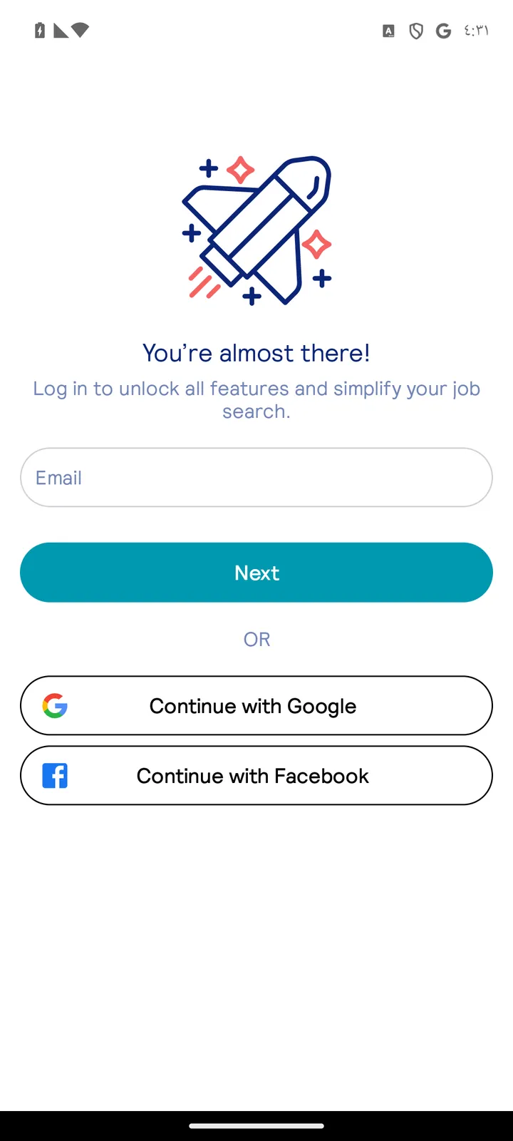 شاشة «You're almost there!» في تطبيق StepStone تطلب تسجيل الدخول بالبريد أو Google أو Facebook